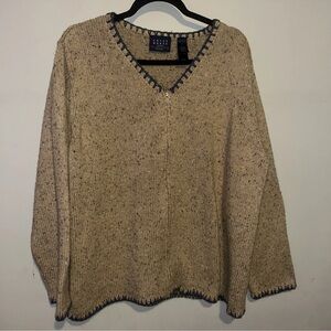 Liz Claiborne Beige V-Neck Sweater with Blue Trim
